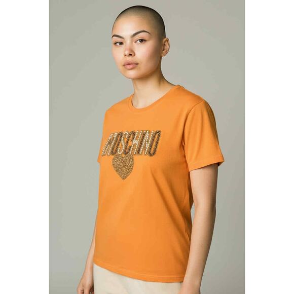 Moschino Tops - Moschino Rare Orange Rhinestone Logo Heart T-Shirt Size M Sparkle Designer Tee